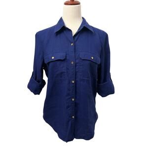 Lauren Ralph Lauren Blue Linen Button Up Shirt Women’s M Roll Tab Sleeve